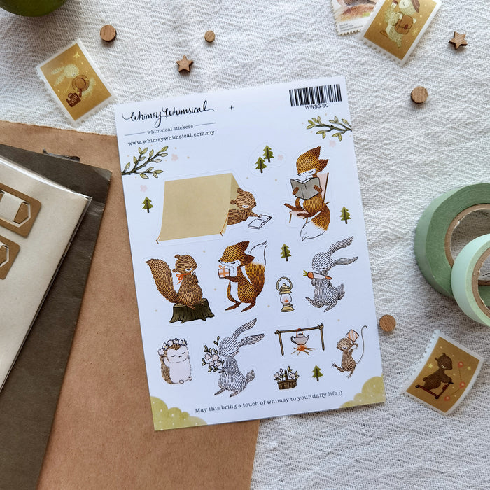 Summer Celebration Sticker Sheet - Whimsical scenes of a reading squirrel and fox, flower-crown-making rabbits and hedgehog, and joyful sunlit celebrations.