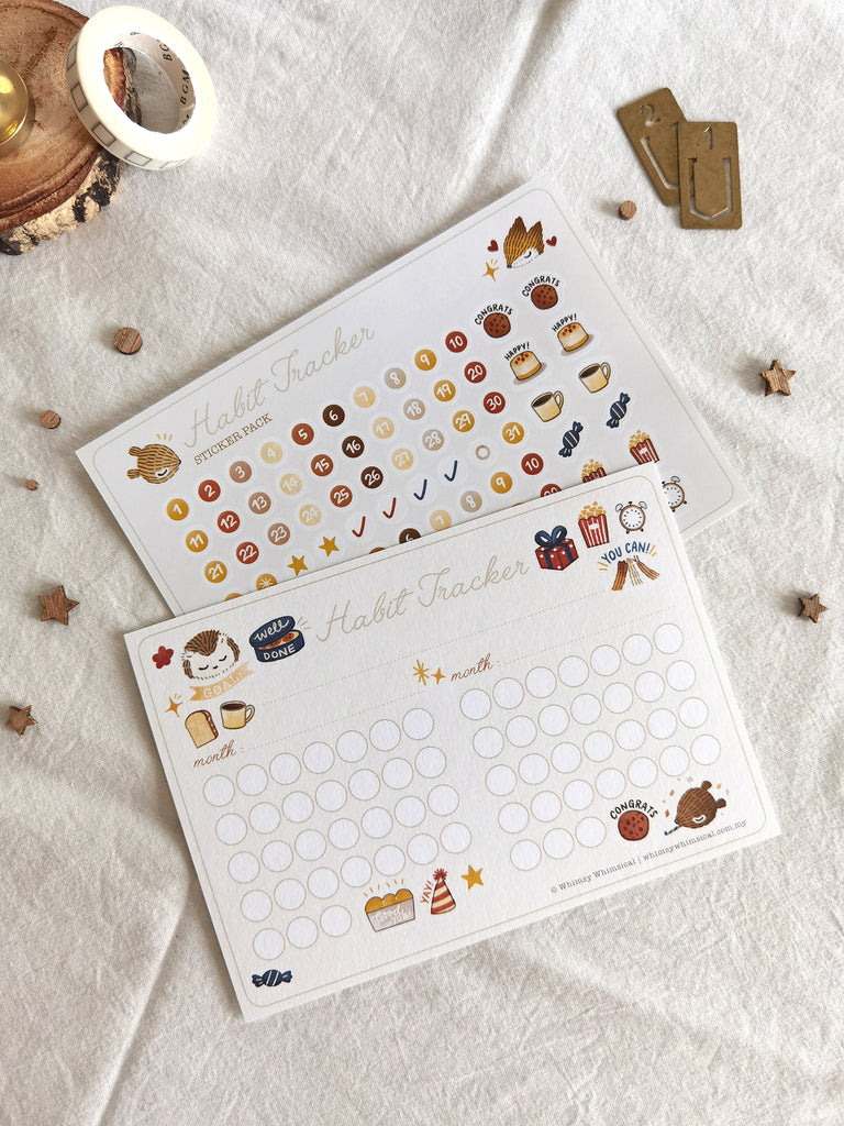 Habit tracker postcard & sticker set of animals and sweets for fun, encouraging goals. Ideal for daily habits and positive routines.