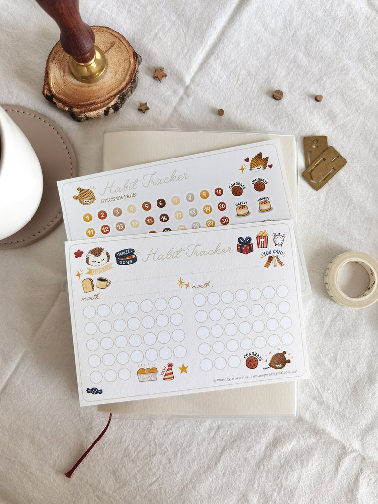 Habit tracker postcard & sticker set of animals and sweets for fun, encouraging goals. Ideal for daily habits and positive routines.