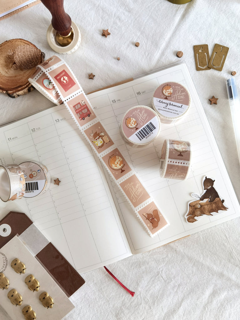 Travel-themed washi tape with 10 unique stamp designs on semi-transparent paper. Adds wanderlust to creative crafts.