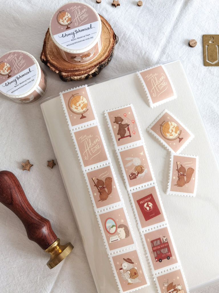 Travel-themed washi tape with 10 unique stamp designs on semi-transparent paper. Adds wanderlust to creative crafts.