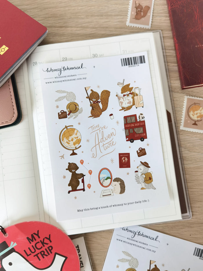 Travel For Adventure Sticker Sheet with woodland animals explore cities with suitcase-packed trips, scooter rides & bus tours. Adds wanderlust to creative crafts.