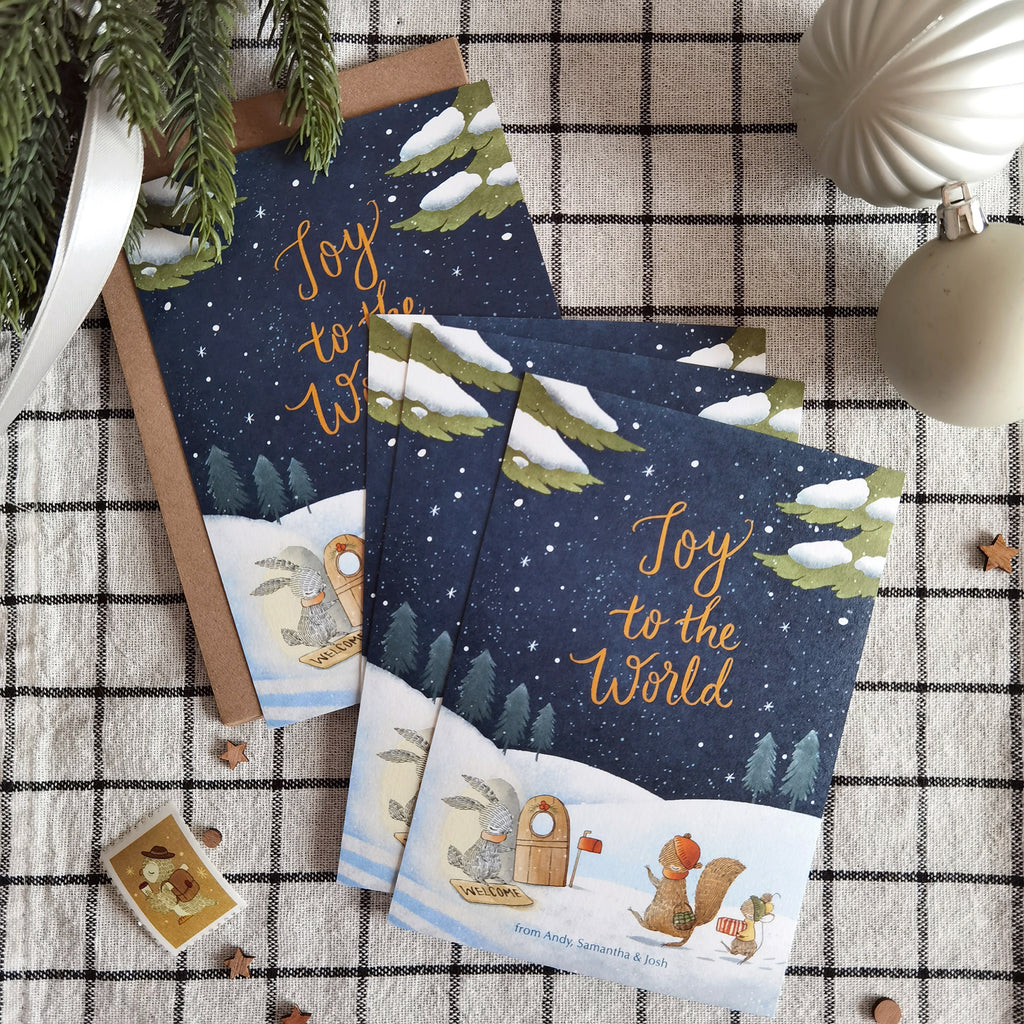 Illustrated notecards with heartwarming winter scene of animals delivering presents in snowy woods, with personalized names.