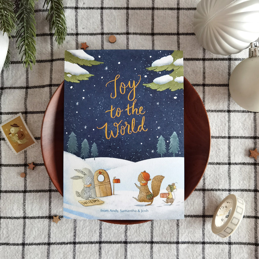 Illustrated notecards with heartwarming winter scene of animals delivering presents in snowy woods, with personalized names.