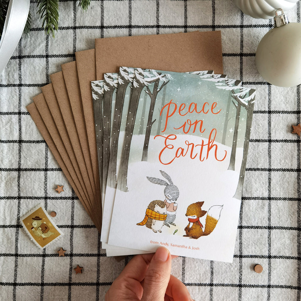 Personalized Christmas notecard featuring peaceful forest scene with sprouting bud. Ideal for heartfelt holiday greetings.