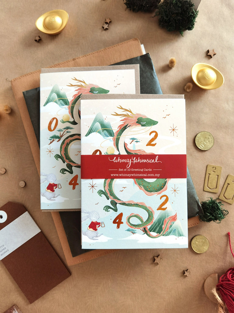 Dragon Year 2024 CNY Card with illustrated wood dragon soars into the sky, printed with copper foil stamping. Perfect for festive greetings.