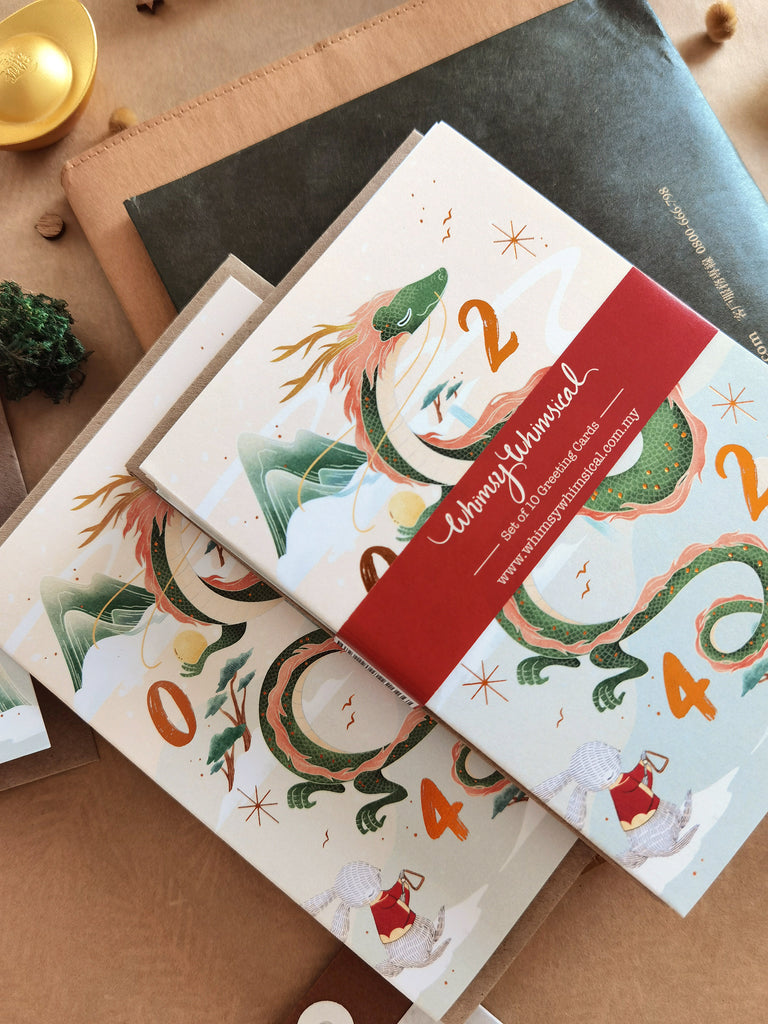 Dragon Year 2024 CNY Card Set with illustrated wood dragon soars into the sky, printed with copper foil stamping. Perfect for festive greetings.