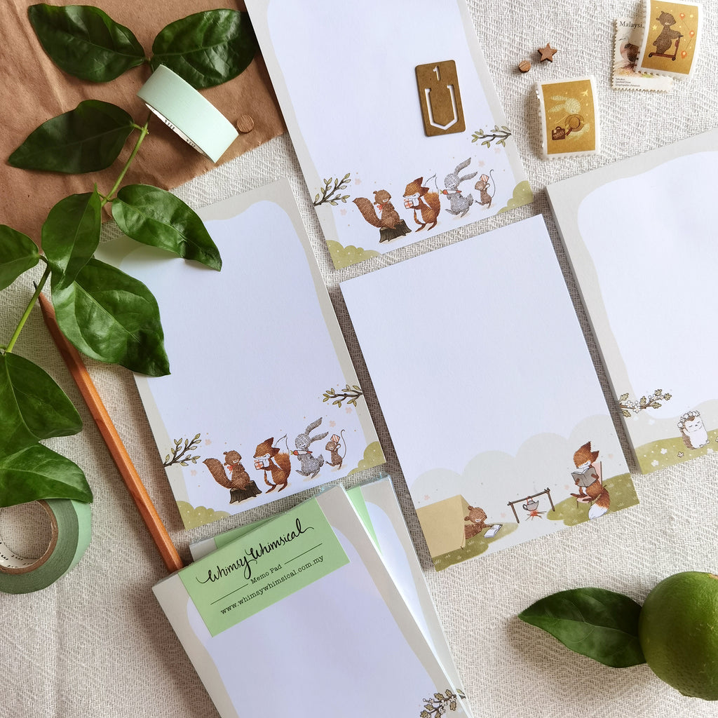 Summer Campfire Memo Pad - Little fox and squirrel enjoying a summer camping escapade with cozy reading moments.