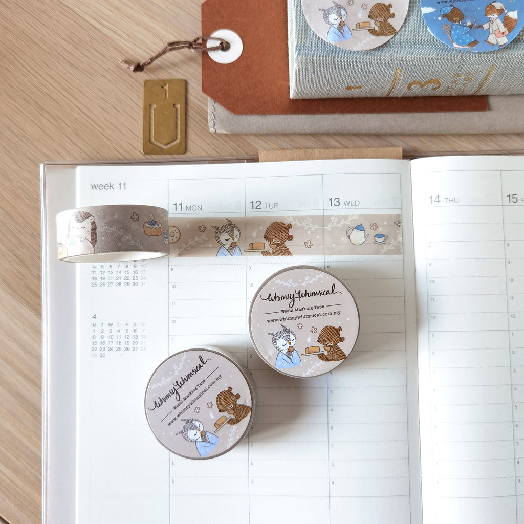 Afternoon Tea washi tape featuring charming forest animals enjoying tea, cake, and reading scenes. Ideal for creative journaling, crafting, and gifting.
