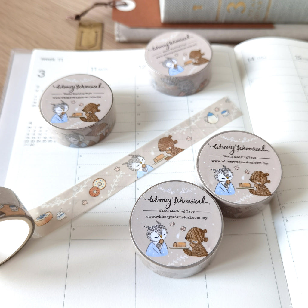 Afternoon Tea washi tape featuring charming forest animals enjoying tea, cake, and reading scenes. Ideal for creative journaling, crafting, and gifting.