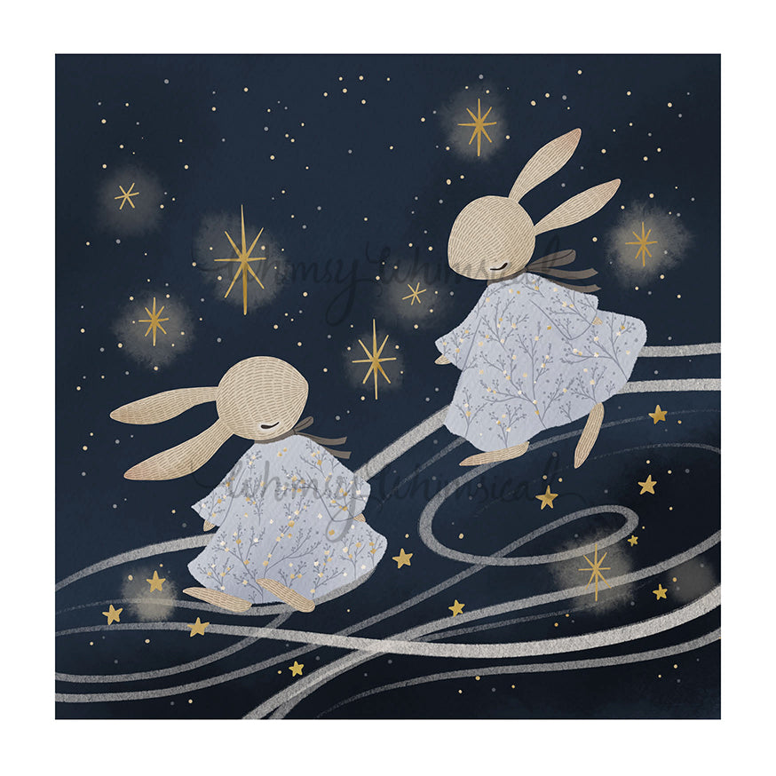 Celestial Bunnies - Cosmic art print featuring celestial bunnies amid twinkling stars and galaxies, perfect as playful cosmic decor.