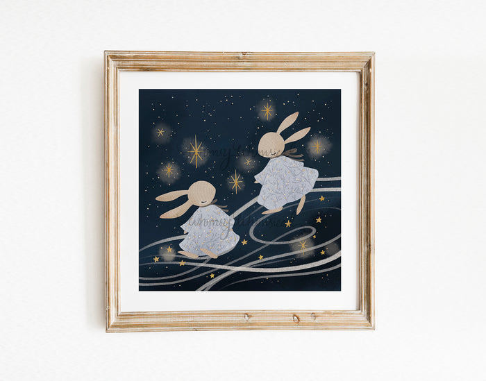 Celestial Bunnies - Cosmic art print featuring celestial bunnies amid twinkling stars and galaxies, perfect as playful cosmic decor.