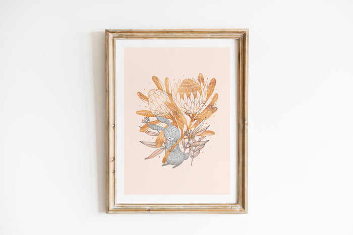 Rabbit & King Protea - Art print of rabbit offering beautiful king protea flower. A perfect addition to infuse love into your space.