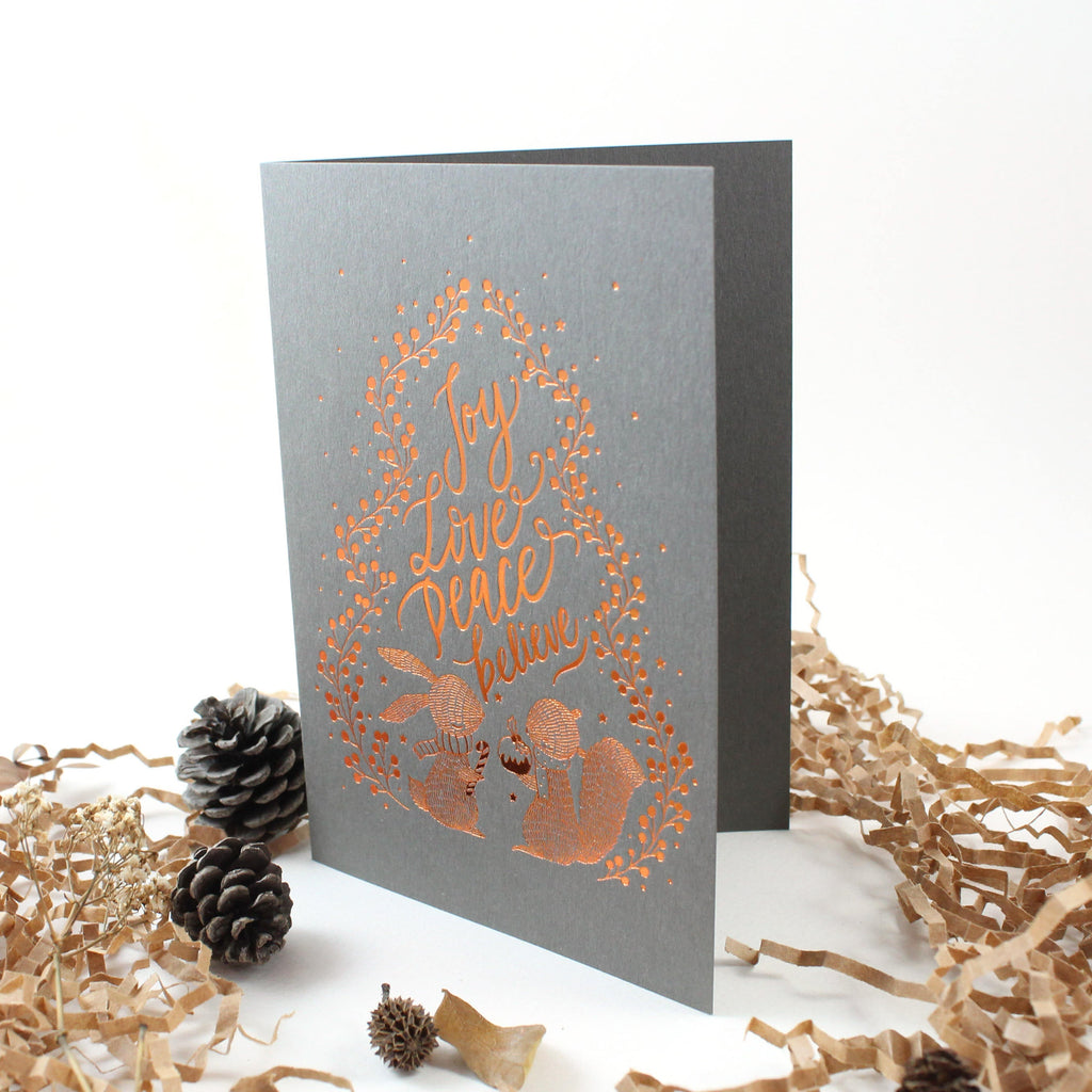 Christmas Card - Joy, Love, Peace, Believe - Copper Foil Greeting Card