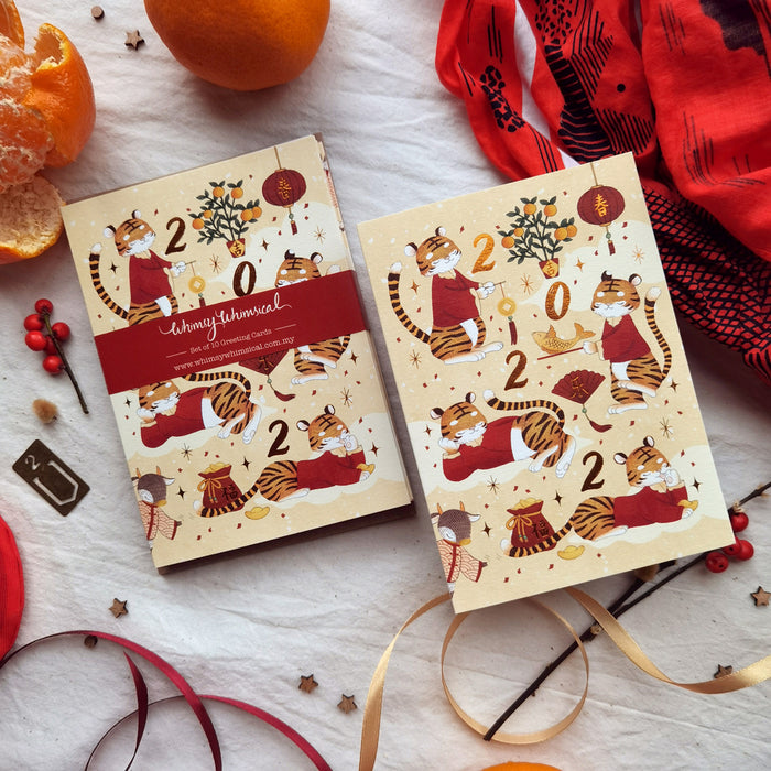 Tiger Year 2022 CNY Card with illustrated tiger accompanied by auspicious symbols, printed with copper foil stamping. Perfect for festive greetings.