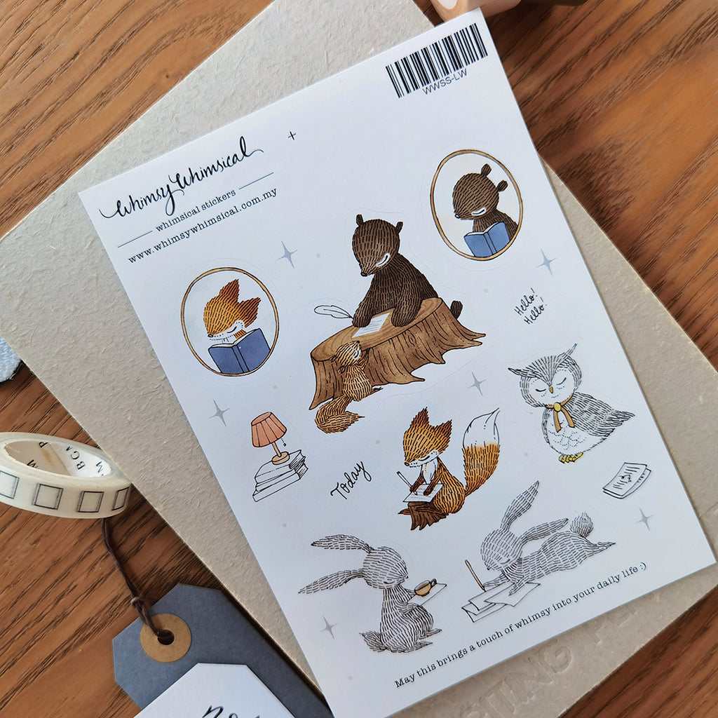 Sticker sheet with forest animals writing letters. Perfect for creative journaling, diary decoration, and personalized letters.
