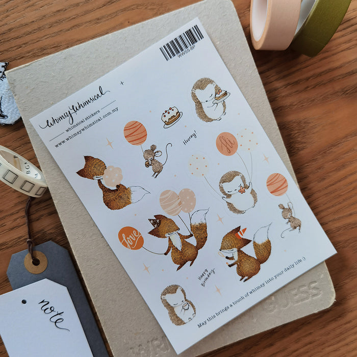 Birthday sticker sheet with cute fox, hedgehog, and party balloons for joyful journaling, diary decorating, and gift embellishments.
