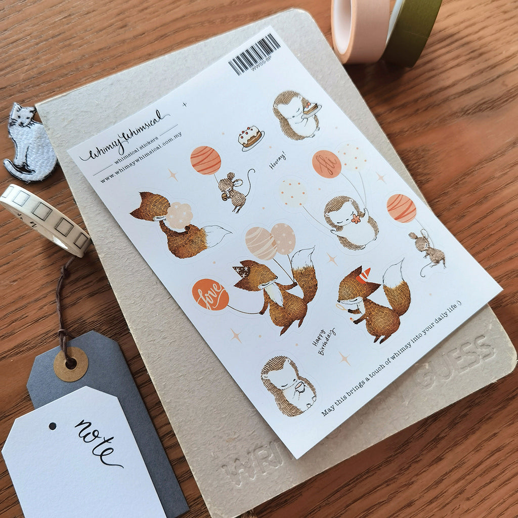 Birthday sticker sheet with cute fox, hedgehog, and party balloons for joyful journaling, diary decorating, and gift embellishments.