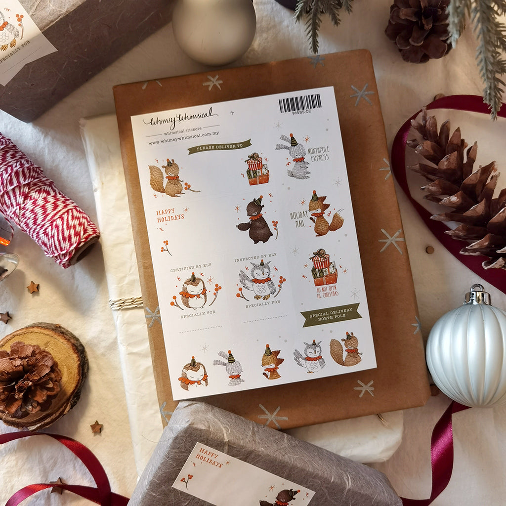 Festive Christmas Elf sticker sheet with whimsical forest animal elf designs. Ideal for holiday mails, gifts and crafts.