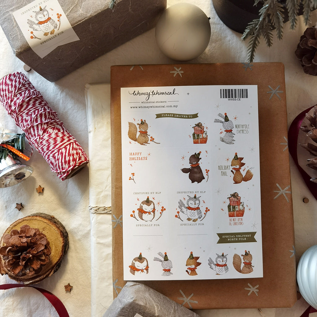 Festive Christmas Elf sticker sheet with whimsical forest animal elf designs. Ideal for holiday mails, gifts and crafts.