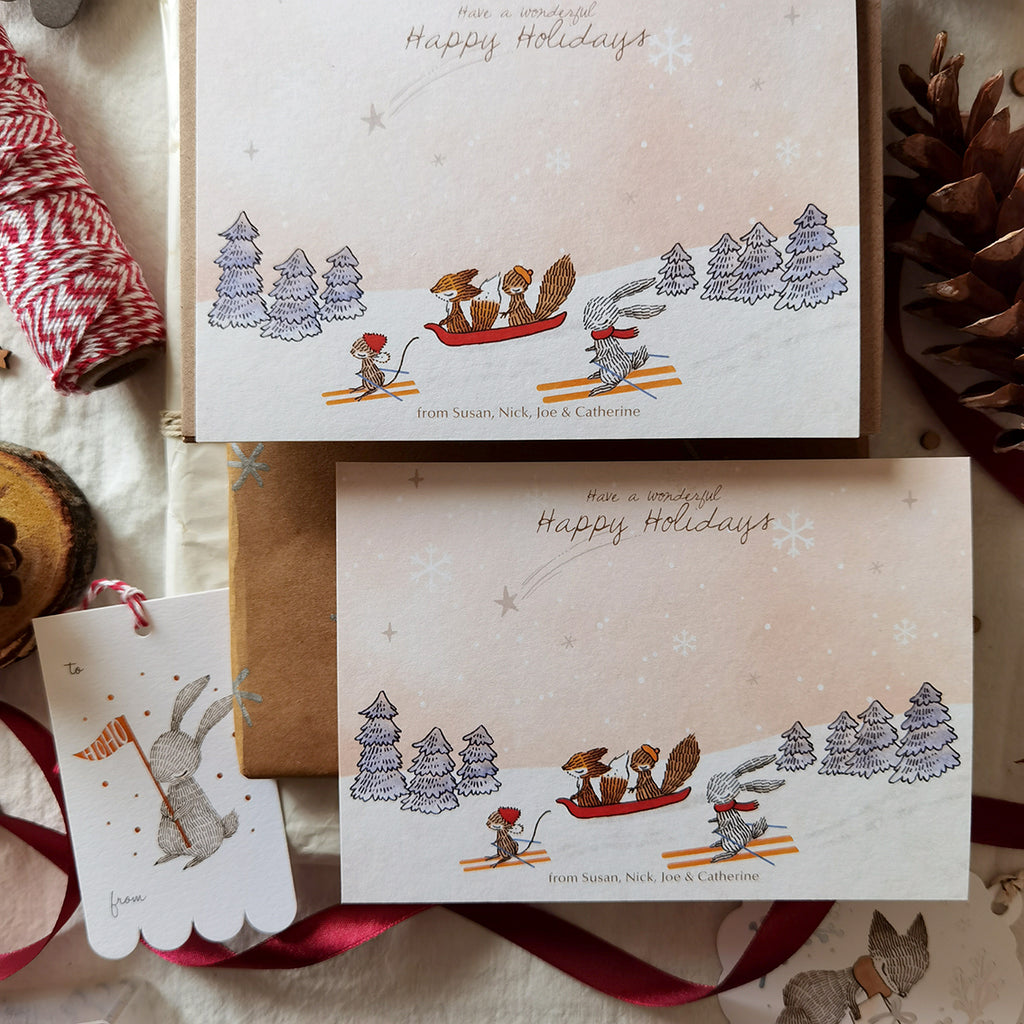 Personalised Christmas Holiday Notecard - Wonderful Happy Holidays, Snow Skiing