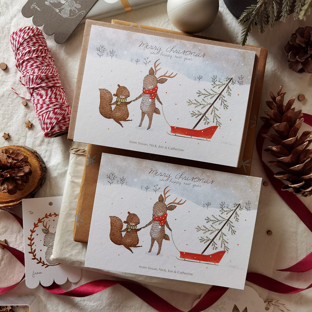 Personalised Christmas Holiday Notecard - Merry Christmas, Winter Forest Foraging
