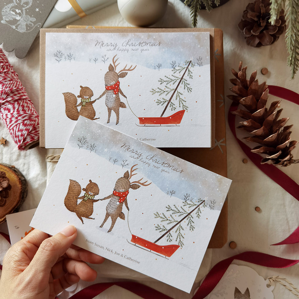 Personalised Christmas Holiday Notecard - Merry Christmas, Winter Forest Foraging