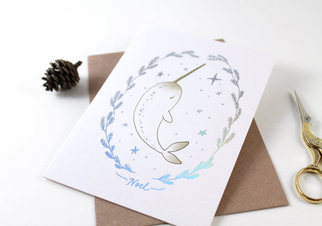 Christmas Card - Narwhal Noel - Holographic Foil Greeting Card