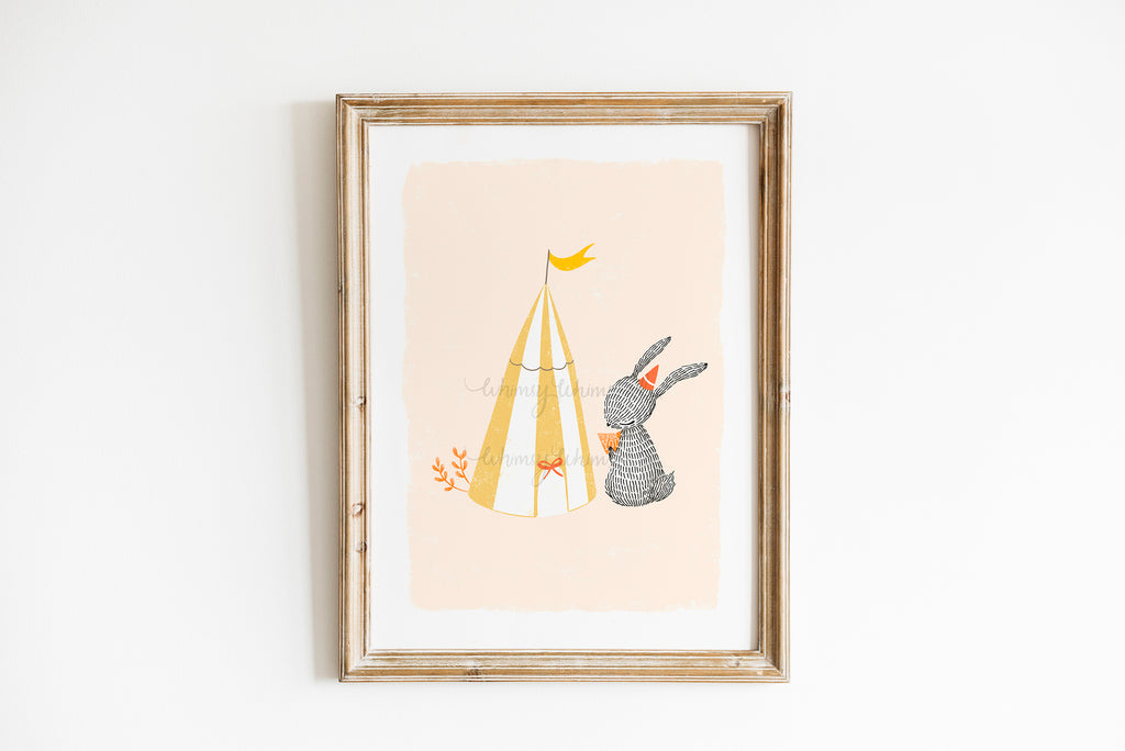 Play Tent Rabbit - Cute art print capturing little rabbit's joyous reaction to her new play tent. Adds cozy delight to your space.