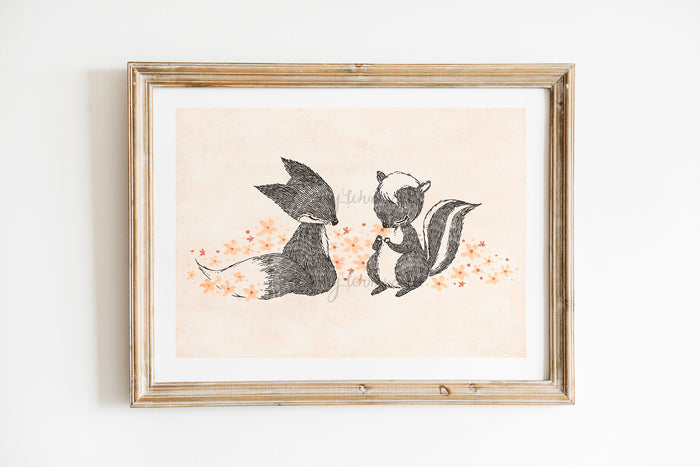 Happy Fox & Skunk - Baby fox and skunk surrounded by spring flowers, perfect for seasonal decor and adding charm to nursery rooms.