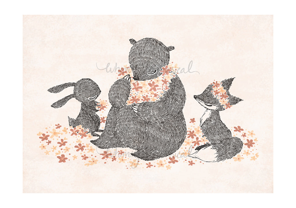 Happy Gathering - Whimsical print of rabbit, fox, and bear in a flower field. Perfect for spring decor and nursery rooms.