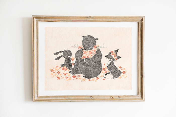 Happy Gathering - Whimsical print of rabbit, fox, and bear in a flower field. Perfect for spring decor and nursery rooms.