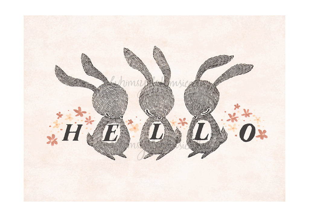Hello, Rabbits - Whimsical print of adorable rabbits greeting you with 'Hello', ideal for spring decor and playful nurseries.