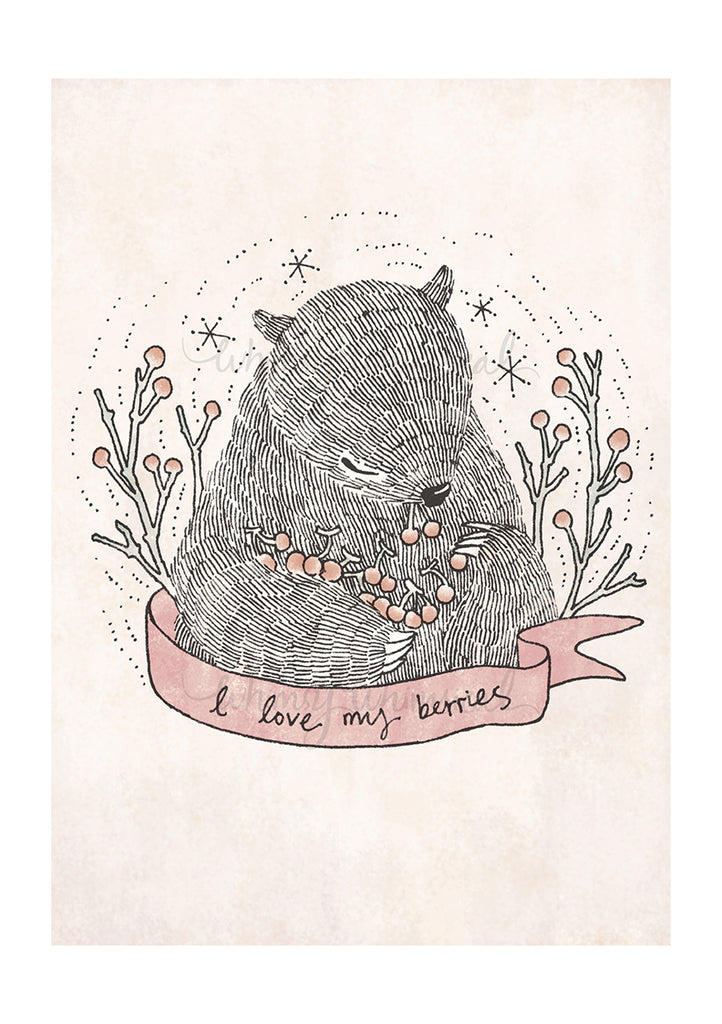 I Love My Berries - Cute art print capturing a whimsical bear and his favorite berries. Perfect to add warmth and whimsy to your space.