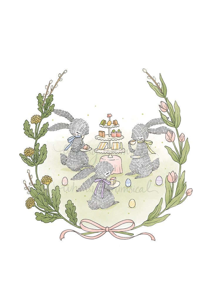 Garden Tea Party Rabbit - Cute art print capturing cozy tea time among friendly rabbits. Ideal decor for a warm home ambiance.