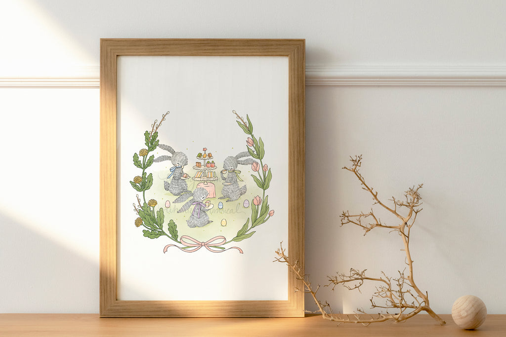 Garden Tea Party Rabbit - Cute art print capturing cozy tea time among friendly rabbits. Ideal decor for a warm home ambiance.