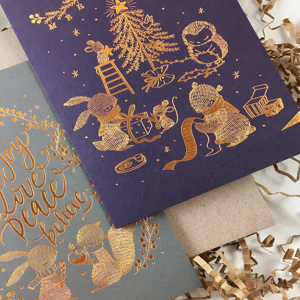 Christmas Card - Joy, Love, Peace, Believe - Copper Foil Greeting Card