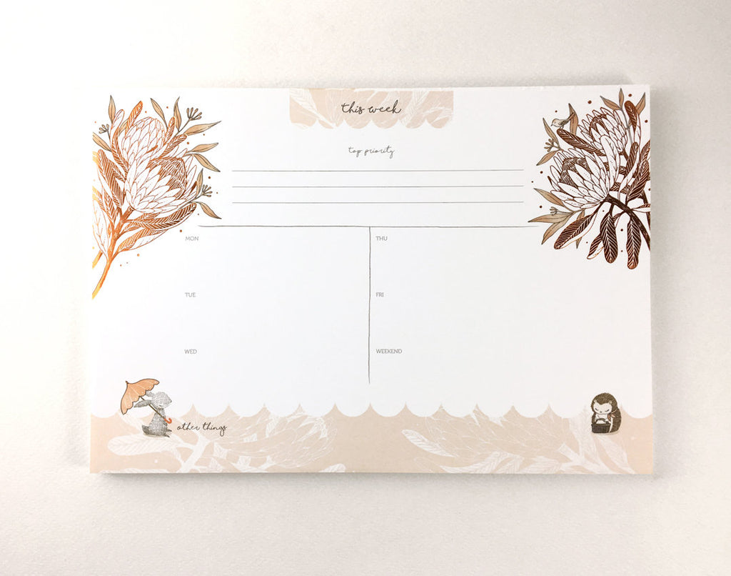 Copper Foil Weekly Desk Planner - Rabbit, Hedgehog & King Protea | Botanical Collection
