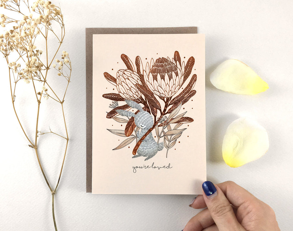 You’re Loved, Rabbit & King Protea - Copper Foil Greeting Card | Botanical Collection