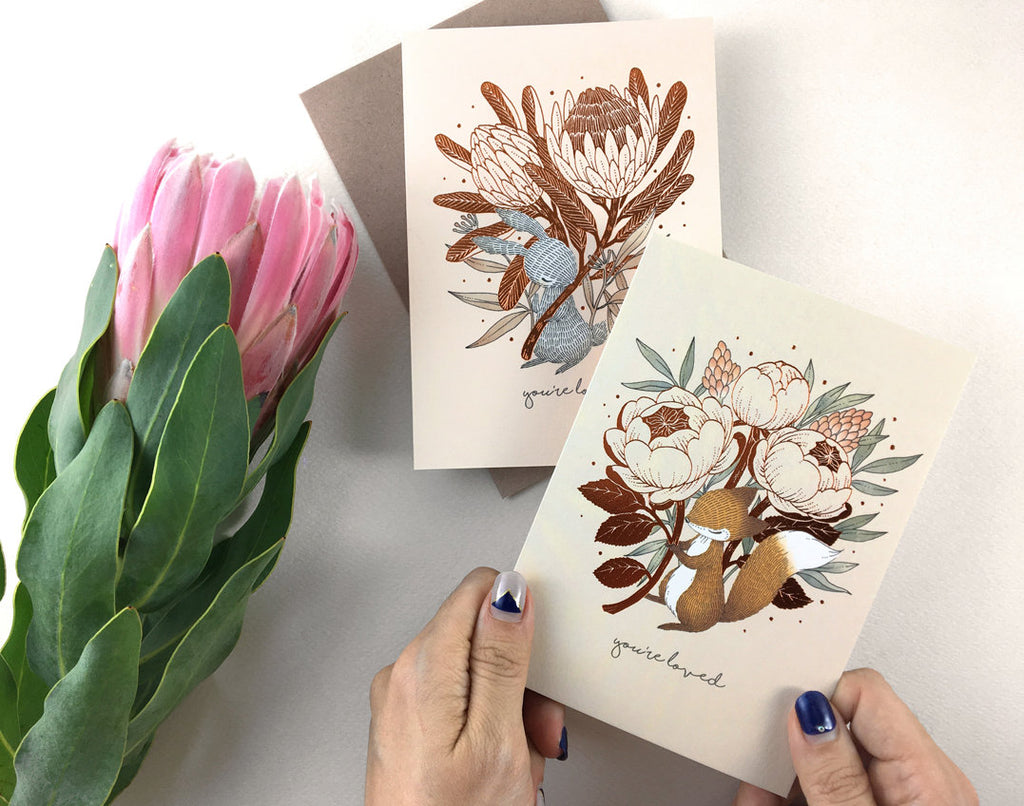 You’re Loved, Rabbit & King Protea - Copper Foil Greeting Card | Botanical Collection
