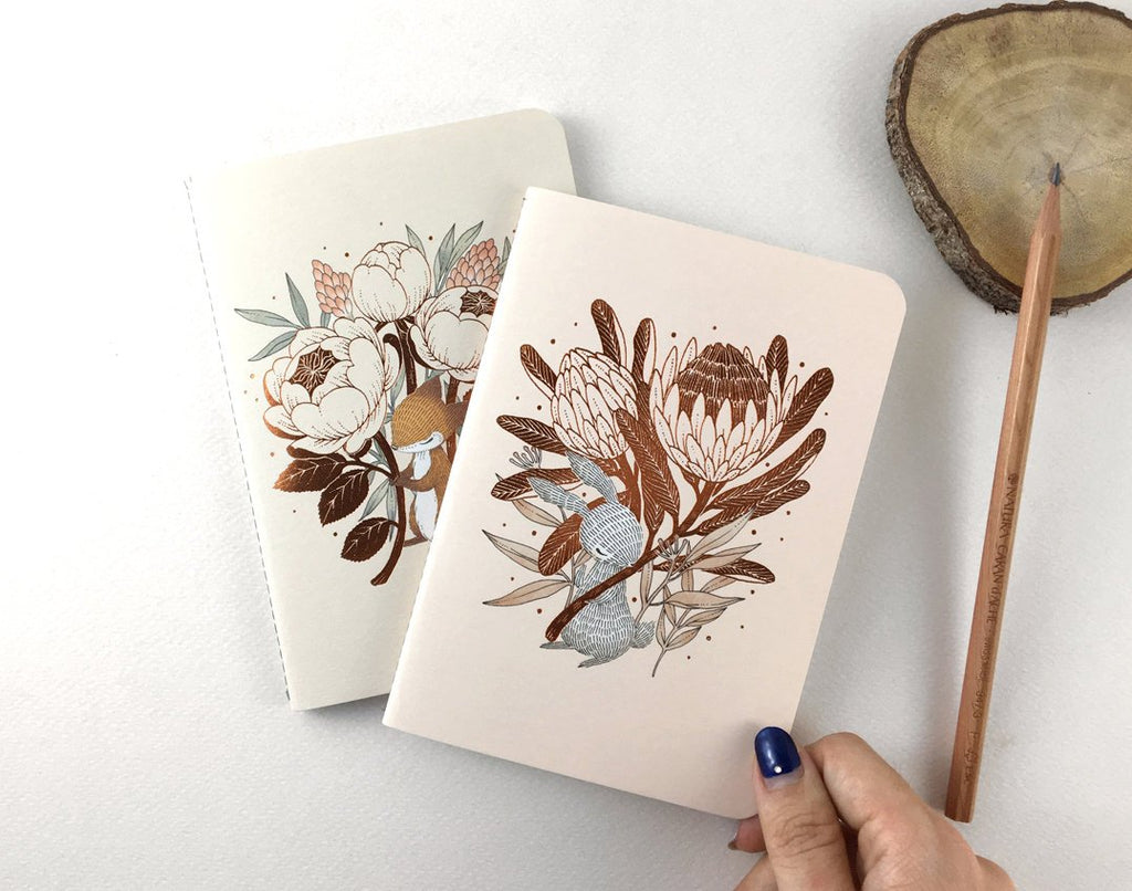 Copper Foil Botanical Pocket Notebook - King Protea & David Austin Rose | Botanical Collection