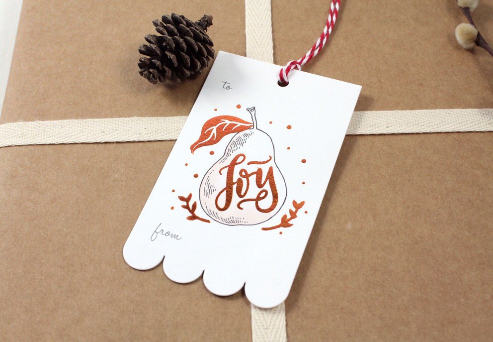 Copper Foil Christmas Holiday Gift Tags - Christmas Pear - rectangular design with bottom scalloped edge, featuring a pear with hand-lettered Joy printed in copper foil, &#39;to&#39; and &#39;from,&#39; blank back, adorned with cotton twine.