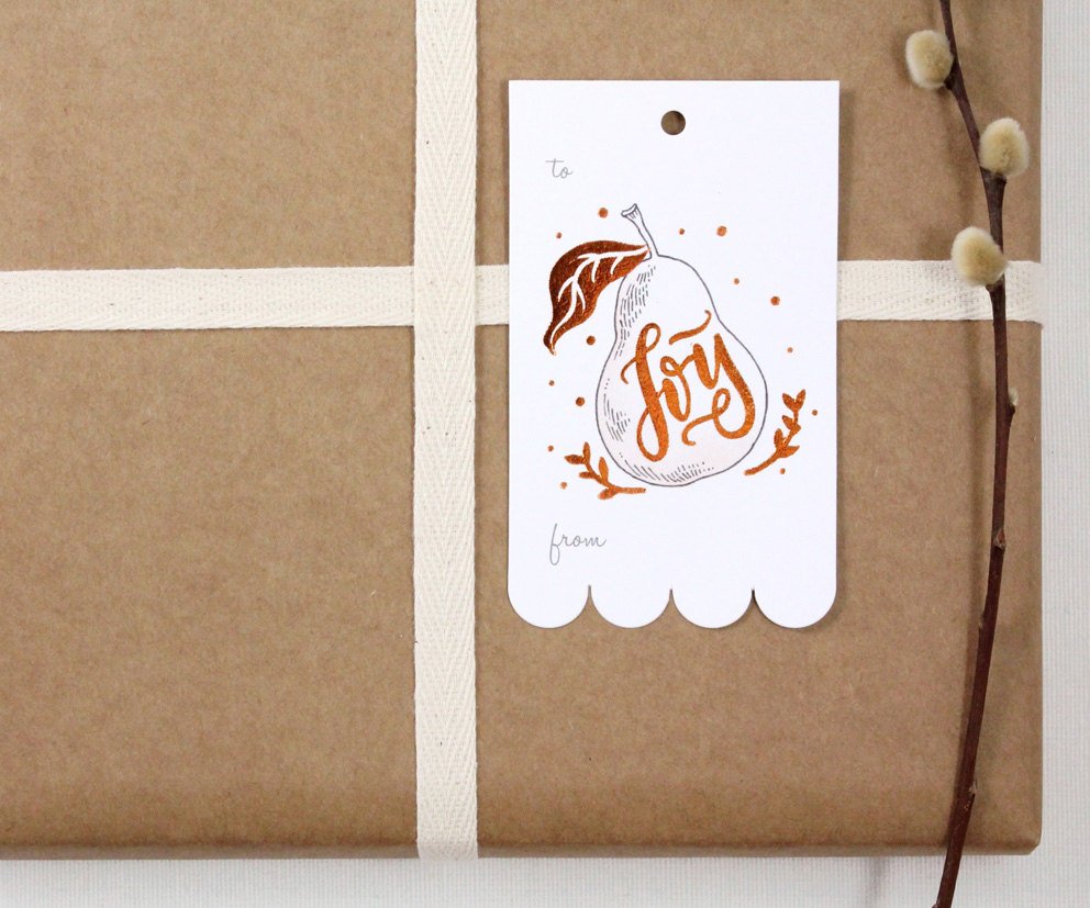 Copper Foil Christmas Holiday Gift Tags - Christmas Pear - rectangular design with bottom scalloped edge, featuring a pear with hand-lettered Joy printed in copper foil, &#39;to&#39; and &#39;from,&#39; blank back, adorned with cotton twine.