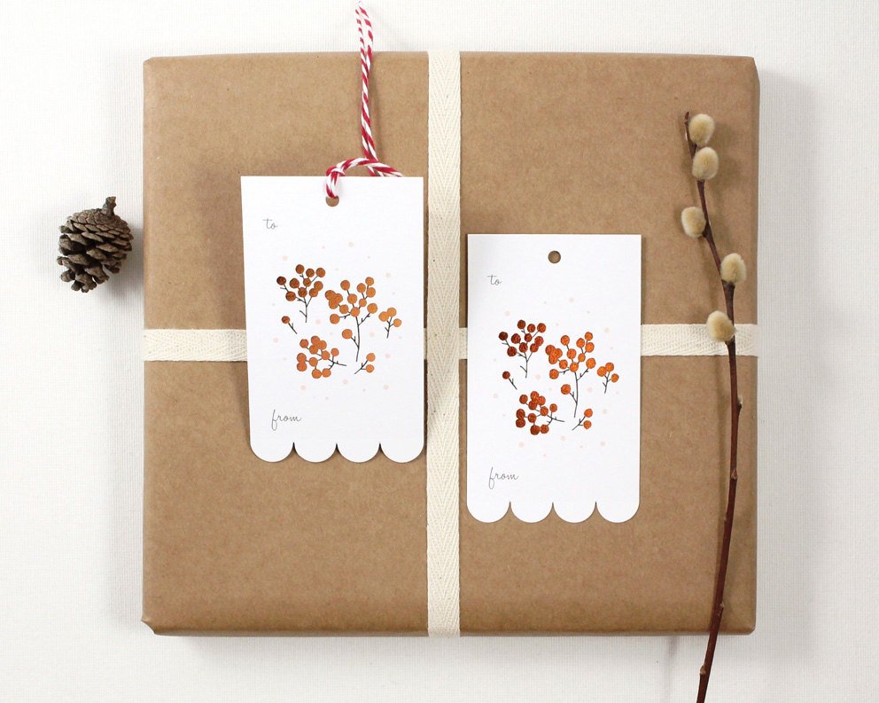 Copper Foil Christmas Holiday Gift Tags - Christmas Berries - rectangular design with bottom scalloped edge, featuring winter berries printed in copper foil, 'to' and 'from'; blank back, adorned with cotton twine.