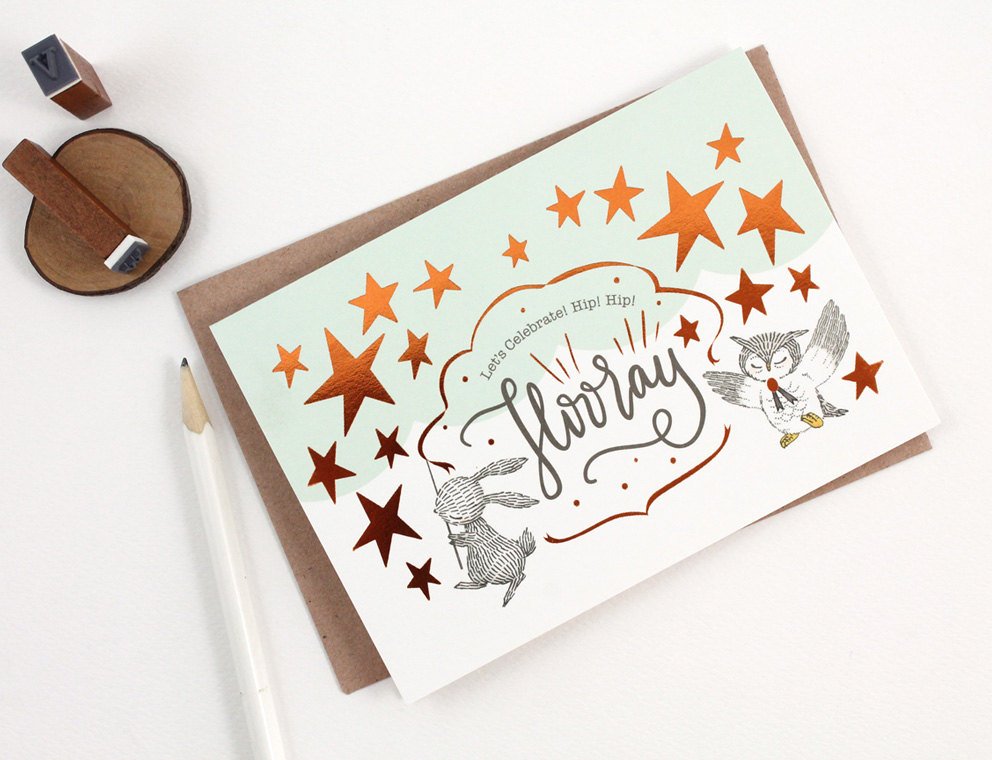 Let's Celebrate, Hip Hip Hooray - Copper Foil Greeting Card