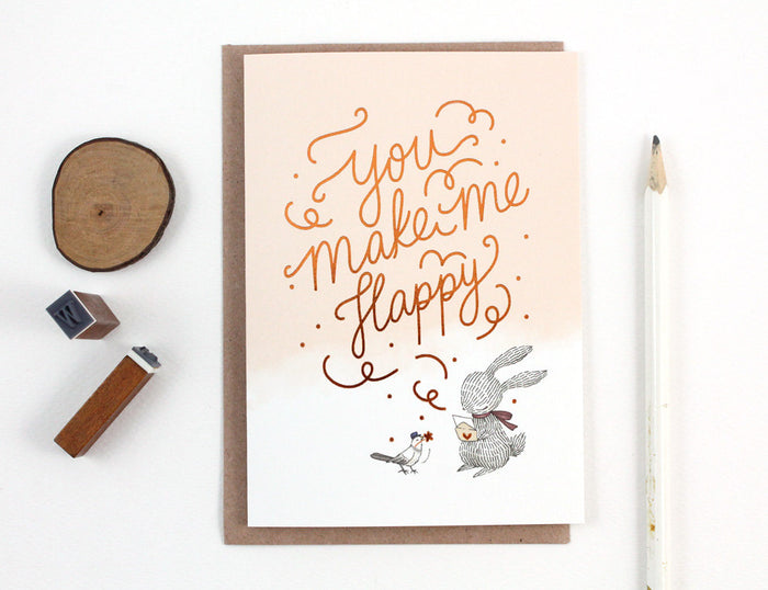 You Make Me Happy, Rabbit - Copper Foil Greeting Card
